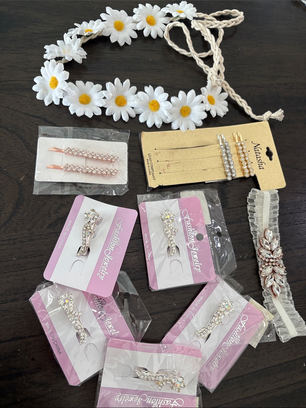 Daisy Flower Crown Headband with Assorted Rhinestone Hair Clips